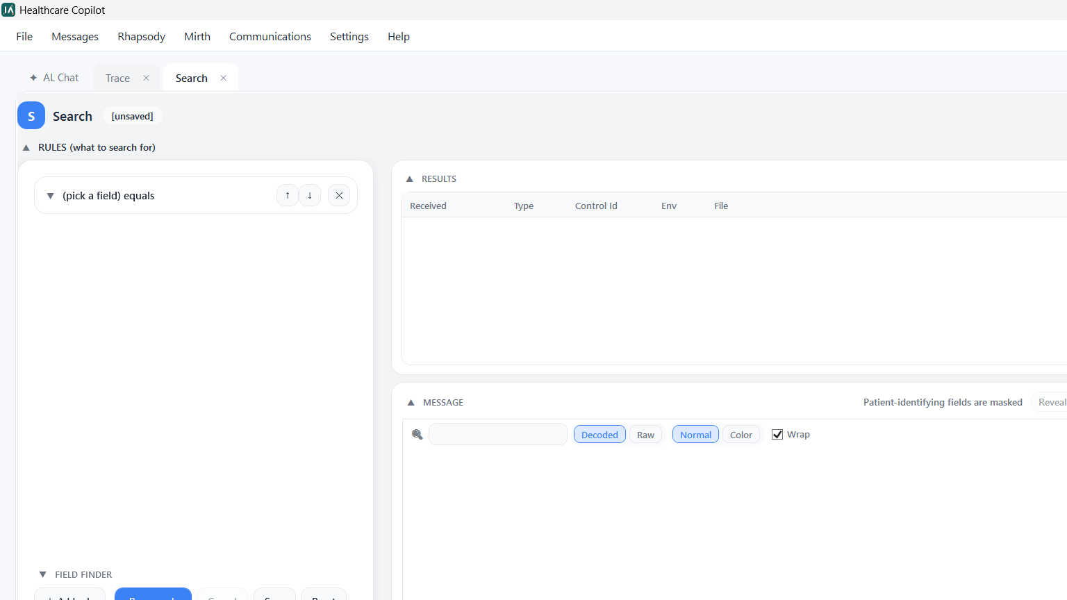 Search screen with three stacked rules, four matched messages, and a masked decoded HL7 message
