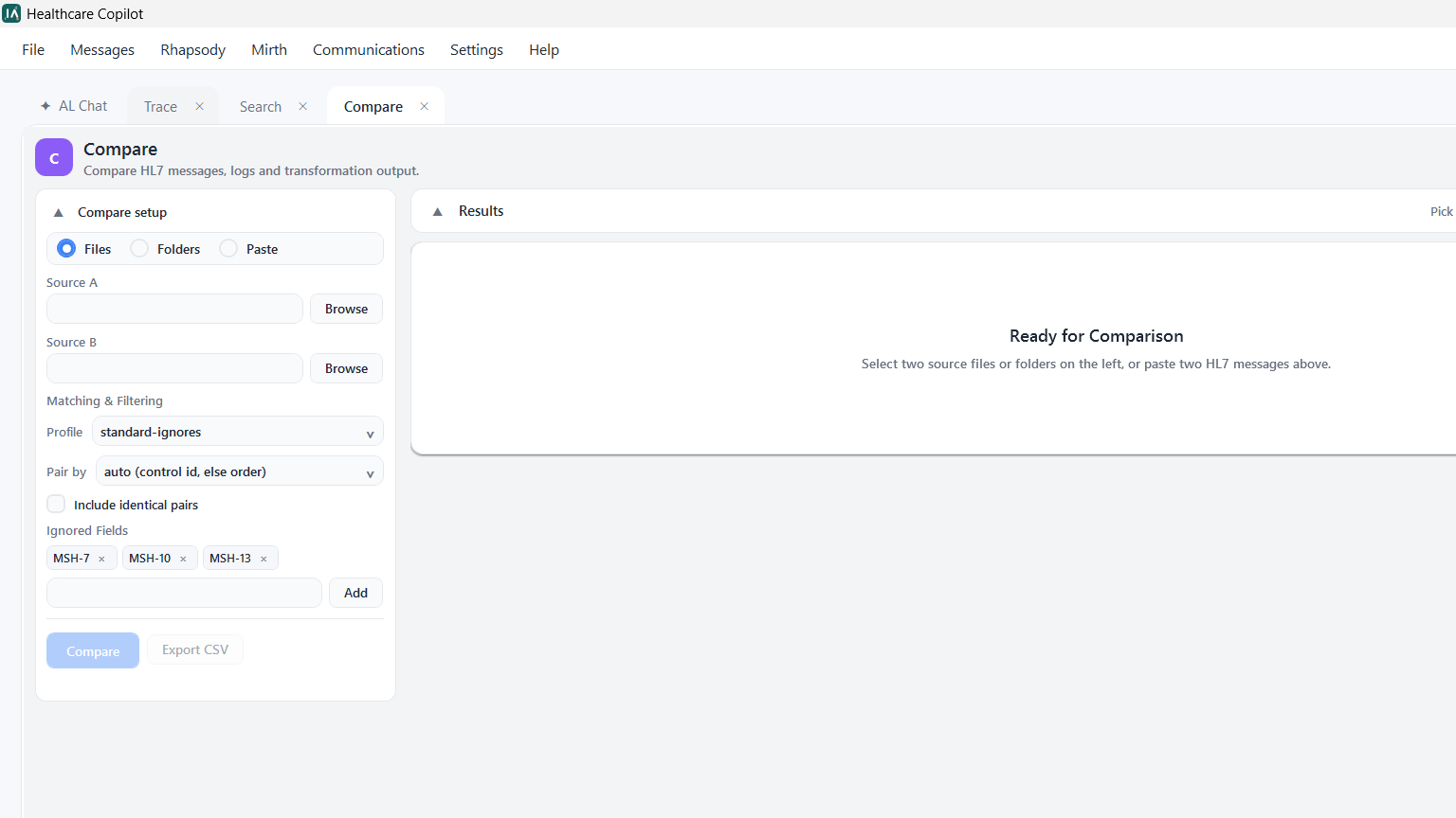 Compare screen showing two pasted HL7 messages and a results panel listing four field-level differences